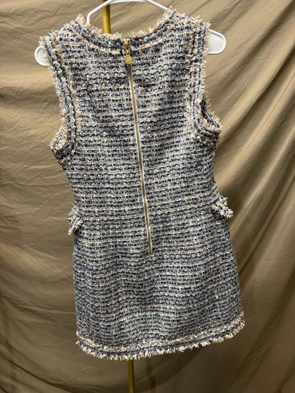 Five Plus Double-Breasted Sleeveless Tweed Mini Dress with Fringe Detail
